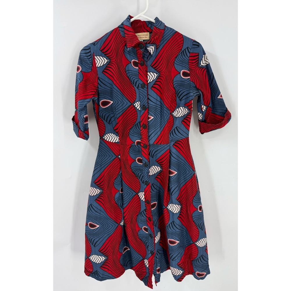 Grass roots, the African shop cotton blend button 1/2 sleeve fit flare dress 10